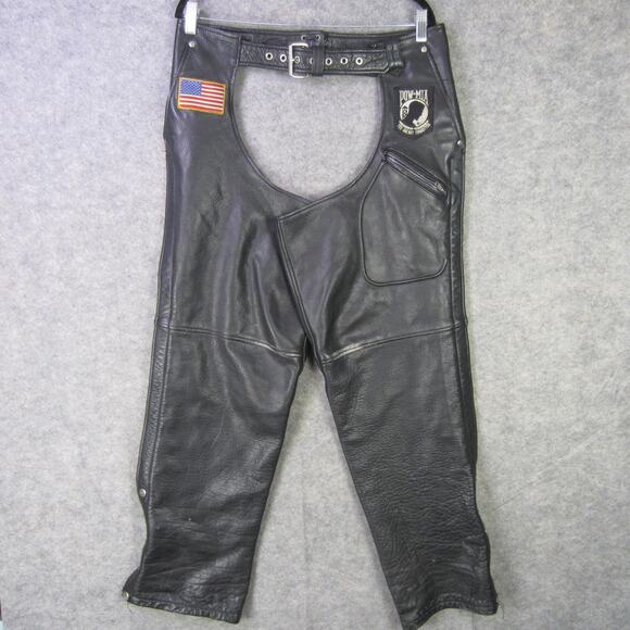 First Leather Gear Chaps Mens Medium Black Motorcycle Biker POW MIA Flag Patch - Picture 1 of 13